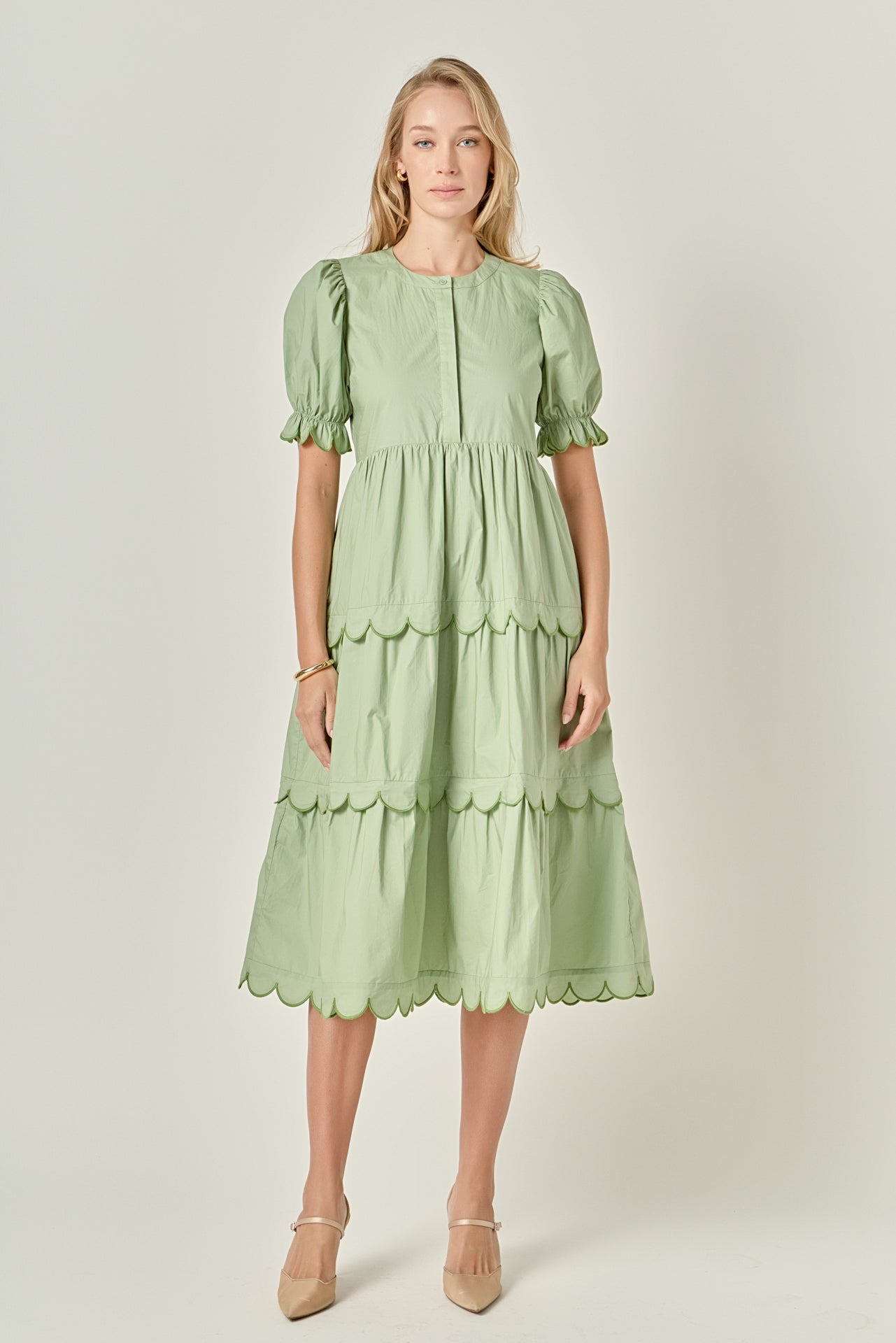 Contrast Scalloped Trim Cotton Midi Dress In Green