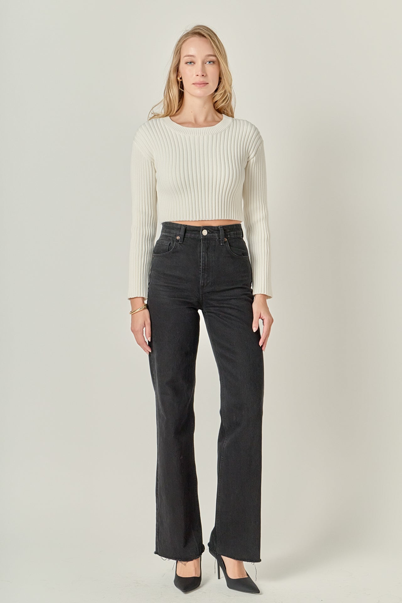 ENGLISH FACTORY - Cropped Ribbed Knit Sweater - SWEATERS & KNITS available at Objectrare