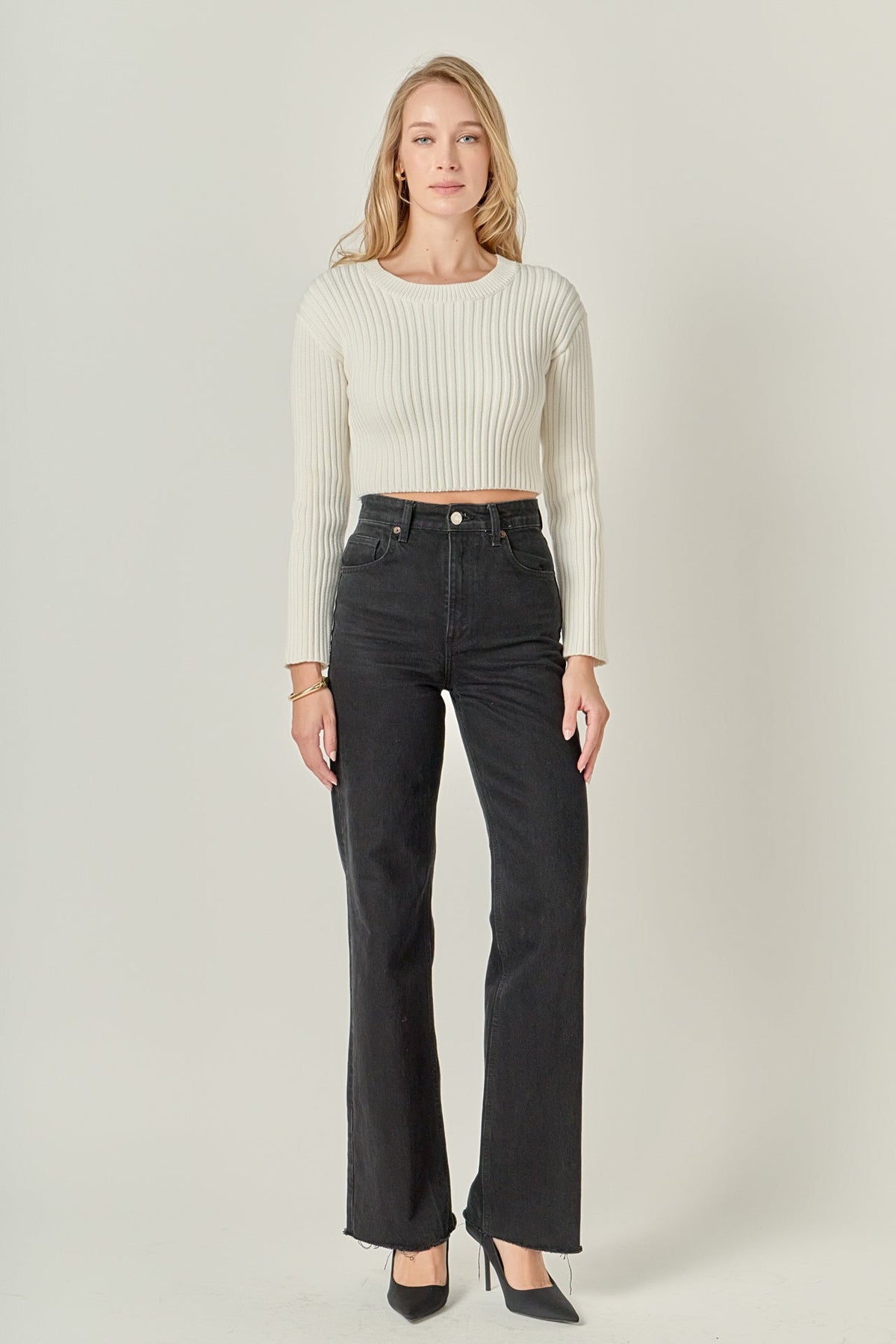 ENGLISH FACTORY - Cropped Ribbed Knit Sweater - SWEATERS & KNITS available at Objectrare
