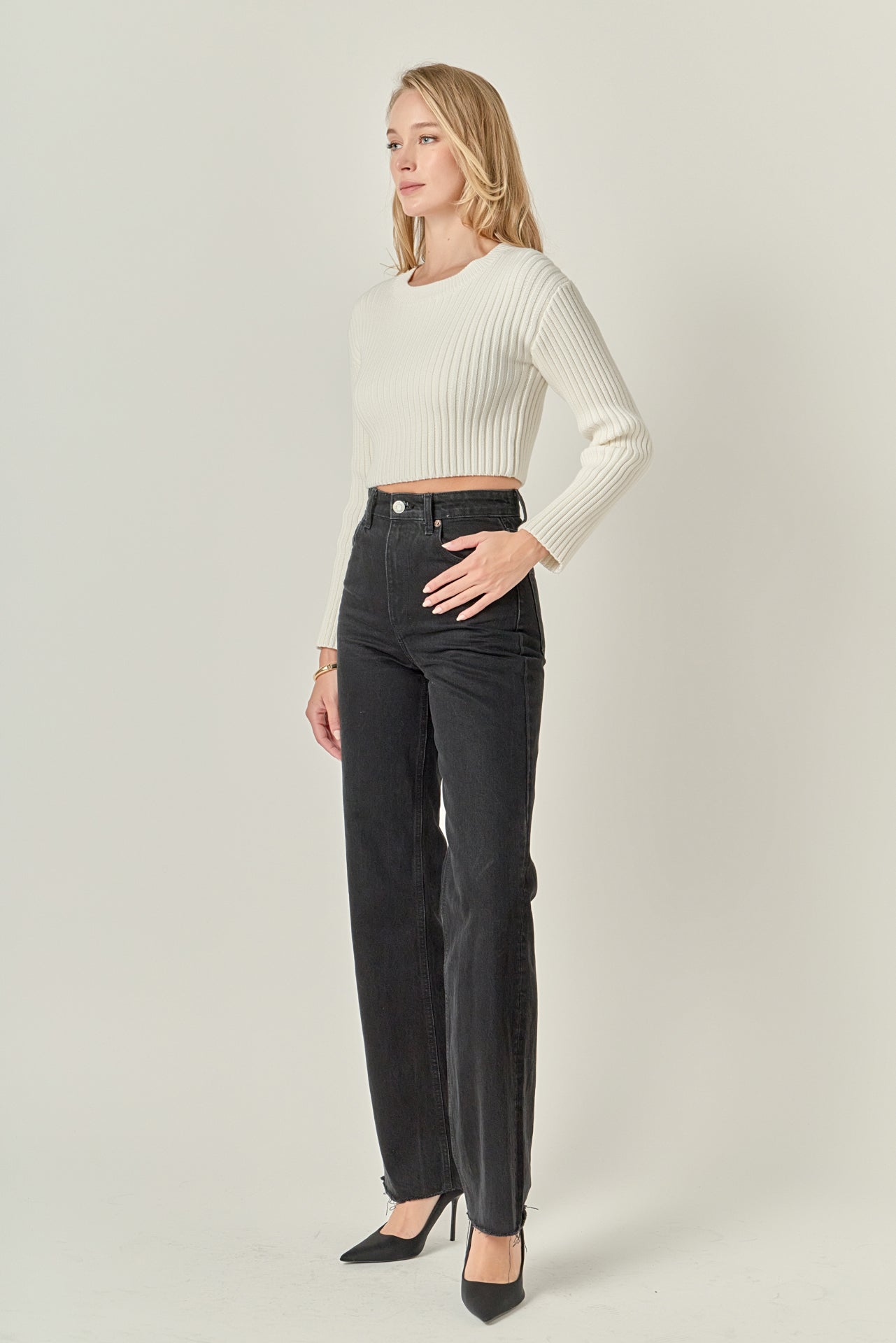 ENGLISH FACTORY - Cropped Ribbed Knit Sweater - SWEATERS & KNITS available at Objectrare