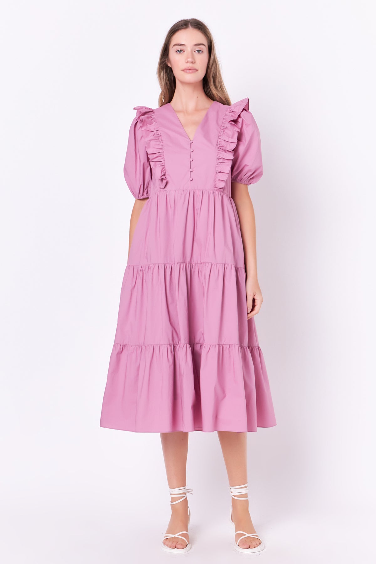 ENGLISH FACTORY - Ruffle Detail Puff Sleeve Midi Dress - DRESSES available at Objectrare