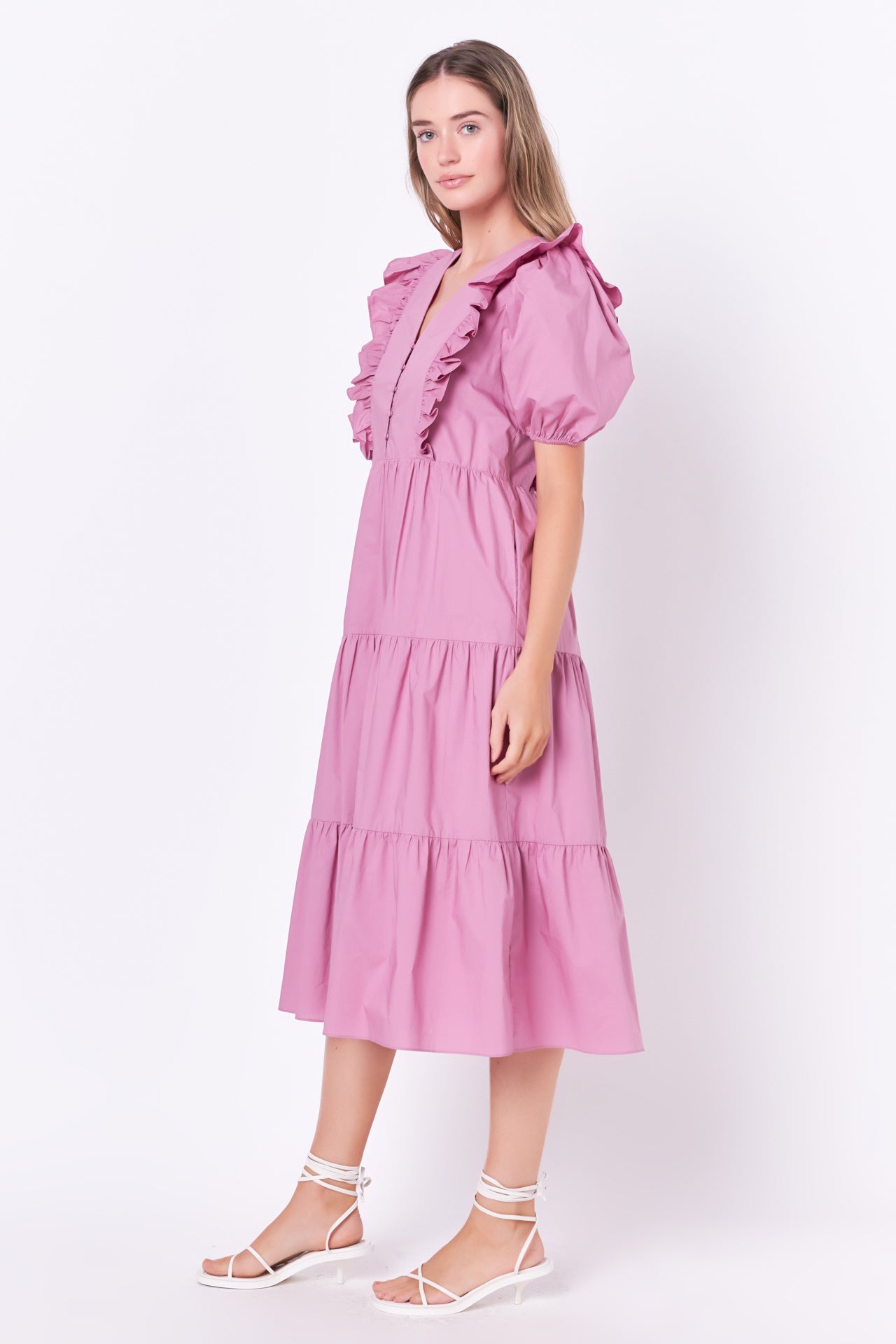 ENGLISH FACTORY - Ruffle Detail Puff Sleeve Midi Dress - DRESSES available at Objectrare
