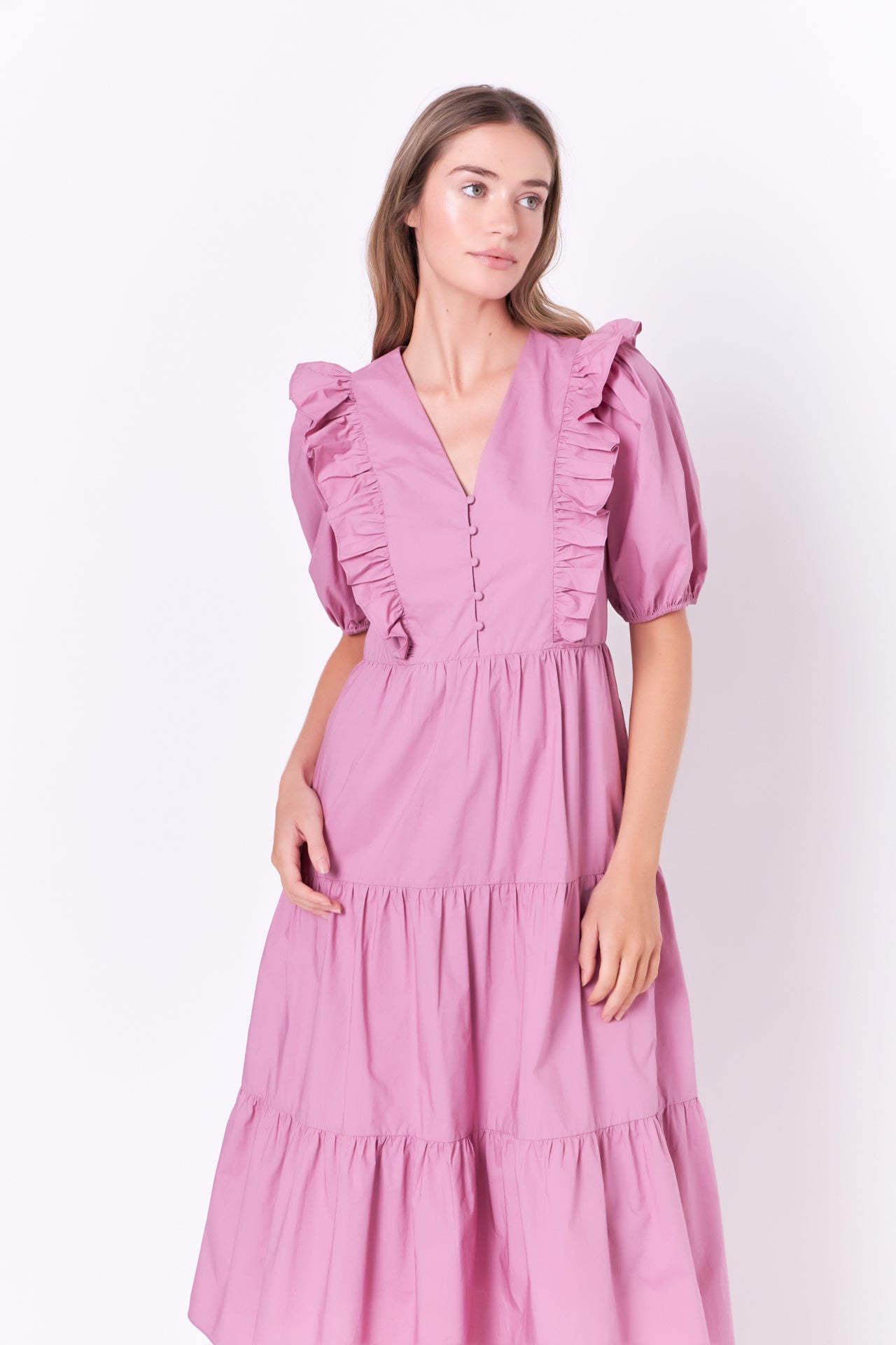 ENGLISH FACTORY - Ruffle Detail Puff Sleeve Midi Dress - DRESSES available at Objectrare