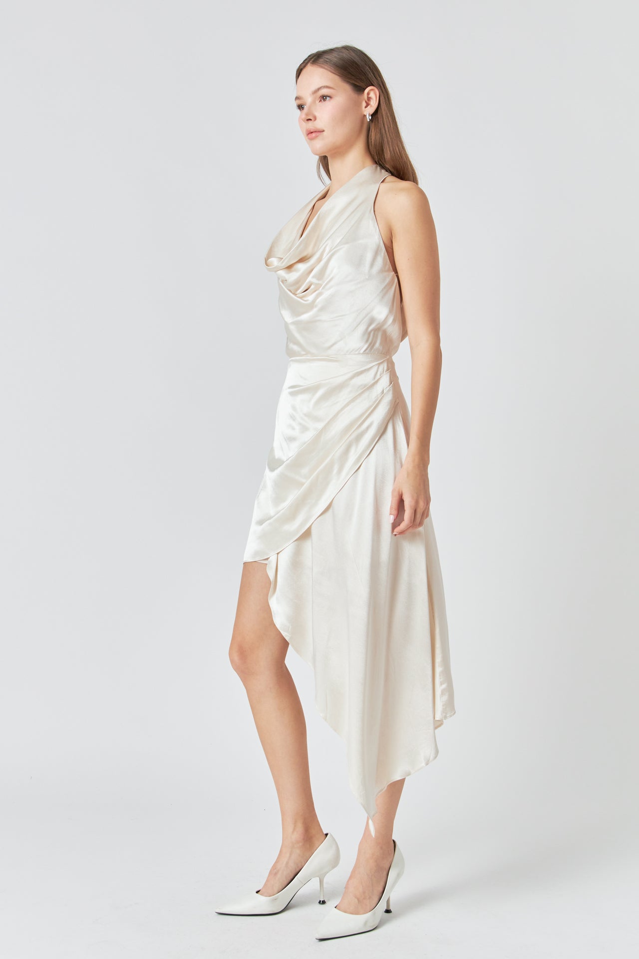 ENDLESS ROSE - Halter Neck Asymmetric Satin Dress - DRESSES available at Objectrare