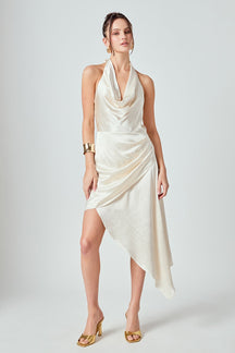 Halter Neck Asymmetric Satin Dress