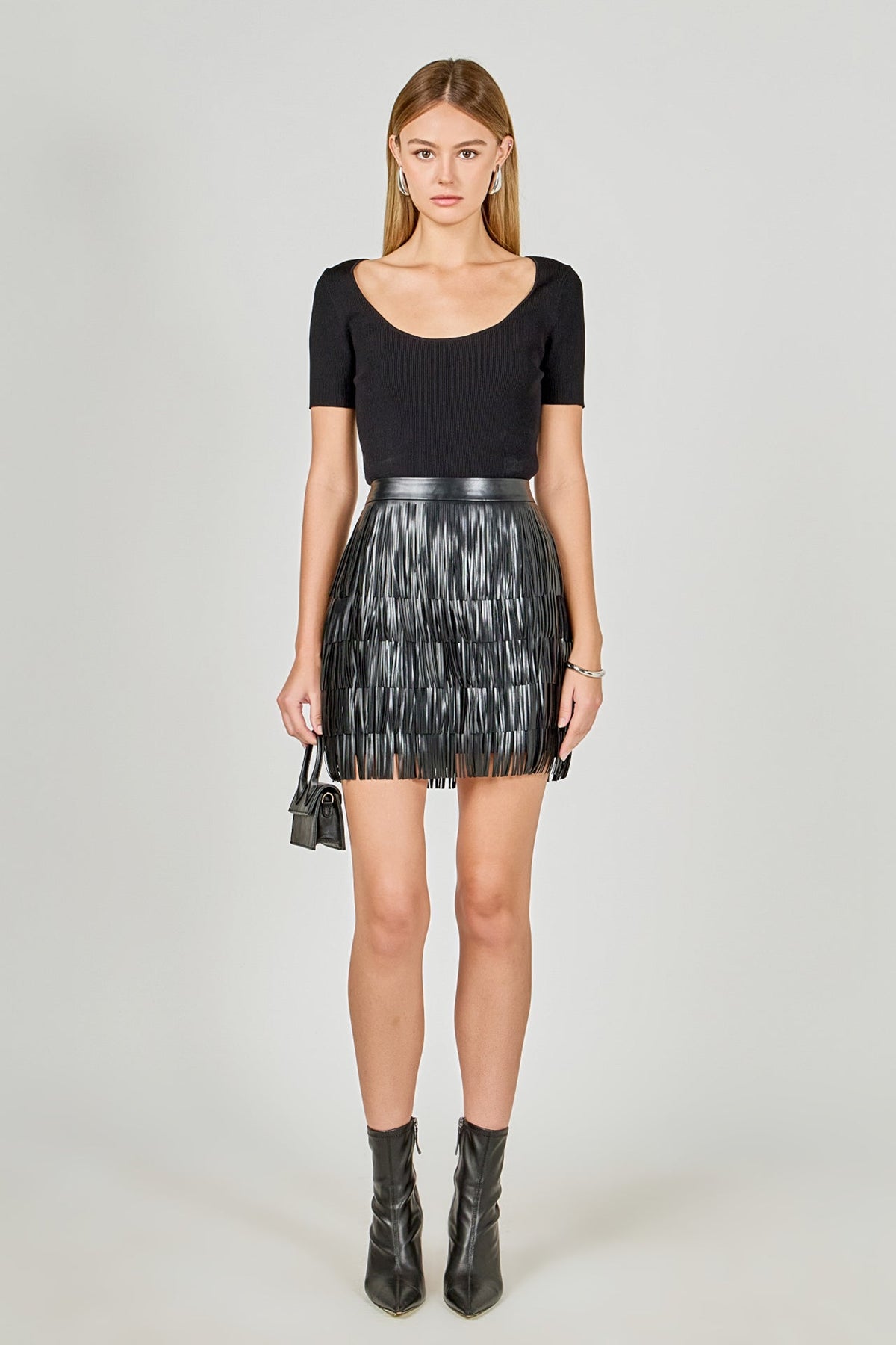 ENDLESS ROSE - Faux Leather Fringe Mini Skirt - SKIRTS available at Objectrare