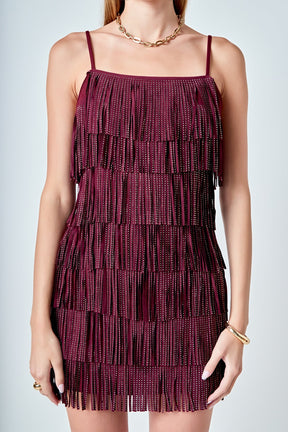 ENDLESS ROSE - Rhinestone Faux Suede Fringe Mini Dress - DRESSES available at Objectrare
