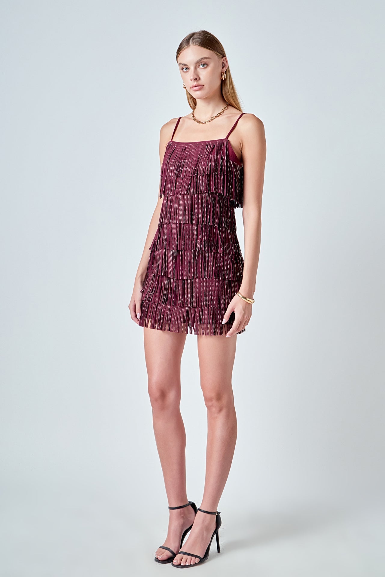 ENDLESS ROSE - Rhinestone Faux Suede Fringe Mini Dress - DRESSES available at Objectrare
