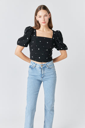 ENDLESS ROSE - Premium Sequins Floral Embroidery Top - TOPS available at Objectrare