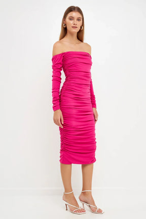 ENDLESS ROSE - Off-The-Shoulder Ruched Midi Dress - DRESSES available at Objectrare