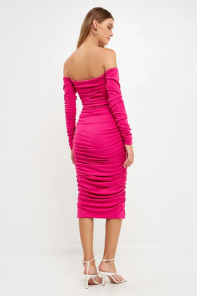 ENDLESS ROSE - Off-The-Shoulder Ruched Midi Dress - DRESSES available at Objectrare