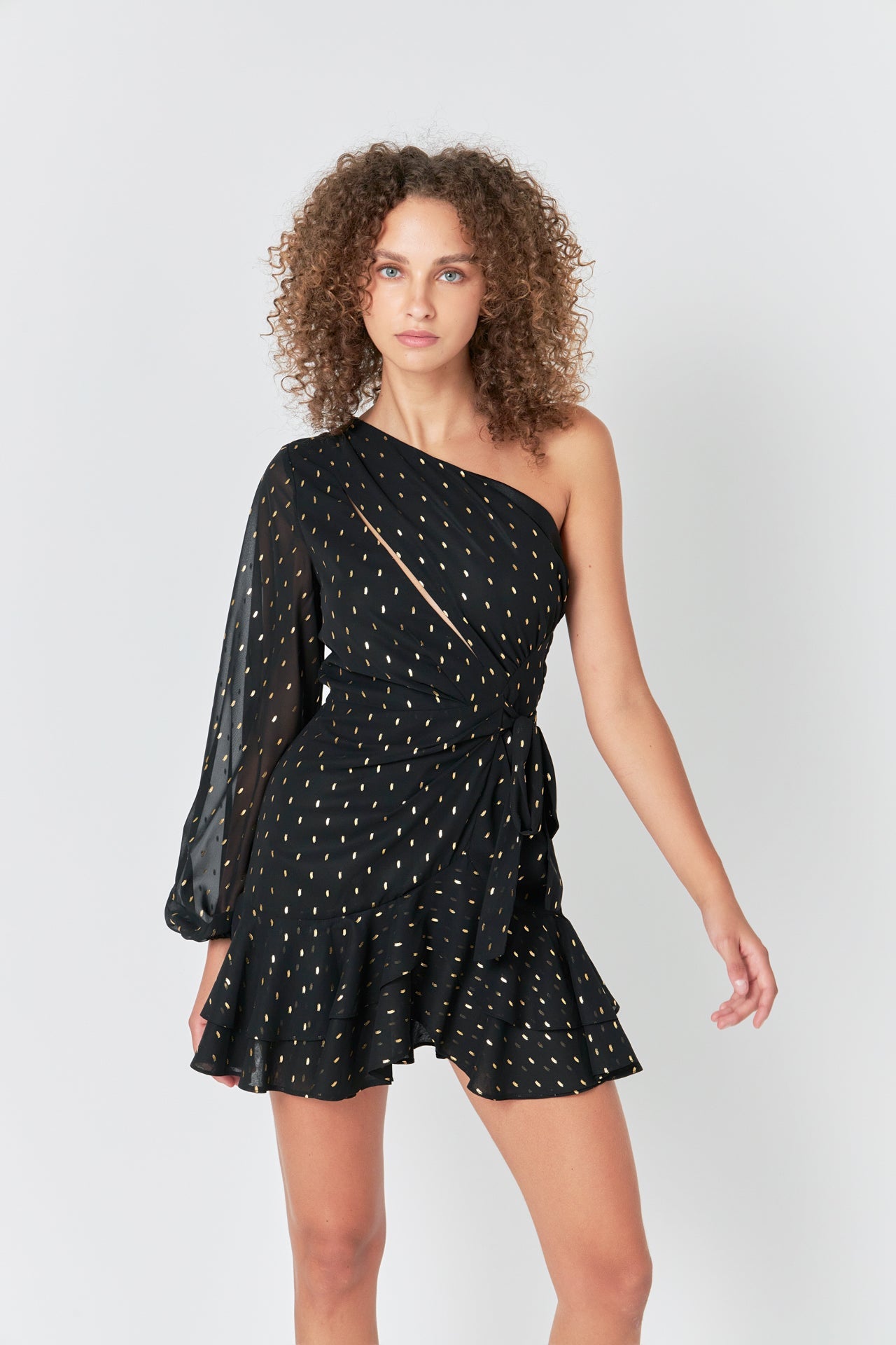 ENDLESS ROSE - Endless Rose - One Shoulder Long Sleeves Polka Dot Chiffon Mini Dress - DRESSES available at Objectrare