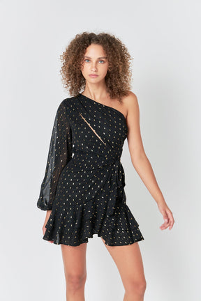 ENDLESS ROSE - Endless Rose - One Shoulder Long Sleeves Polka Dot Chiffon Mini Dress - DRESSES available at Objectrare