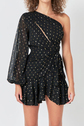 ENDLESS ROSE - Endless Rose - One Shoulder Long Sleeves Polka Dot Chiffon Mini Dress - DRESSES available at Objectrare