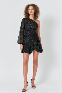 ENDLESS ROSE - Endless Rose - One Shoulder Long Sleeves Polka Dot Chiffon Mini Dress - DRESSES available at Objectrare