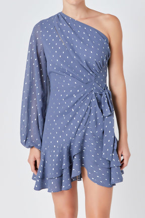 ENDLESS ROSE - Endless Rose - One Shoulder Long Sleeves Polka Dot Chiffon Mini Dress - DRESSES available at Objectrare