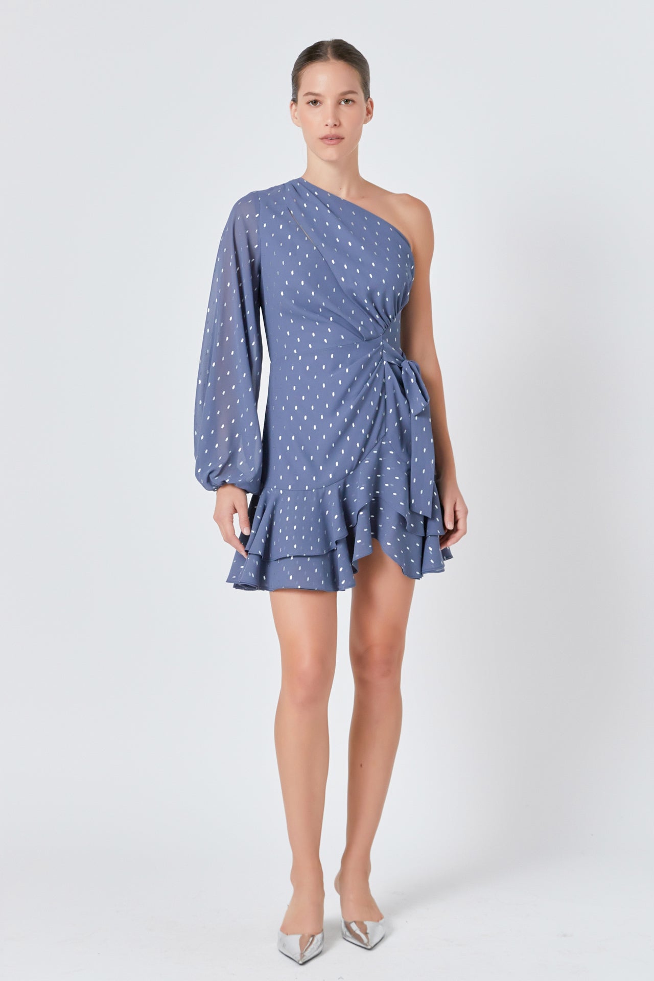 ENDLESS ROSE - Endless Rose - One Shoulder Long Sleeves Polka Dot Chiffon Mini Dress - DRESSES available at Objectrare