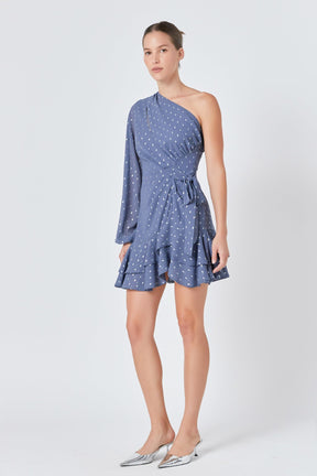 ENDLESS ROSE - Endless Rose - One Shoulder Long Sleeves Polka Dot Chiffon Mini Dress - DRESSES available at Objectrare