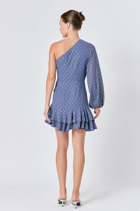 ENDLESS ROSE - Endless Rose - One Shoulder Long Sleeves Polka Dot Chiffon Mini Dress - DRESSES available at Objectrare