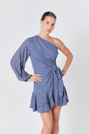 ENDLESS ROSE - Endless Rose - One Shoulder Long Sleeves Polka Dot Chiffon Mini Dress - DRESSES available at Objectrare