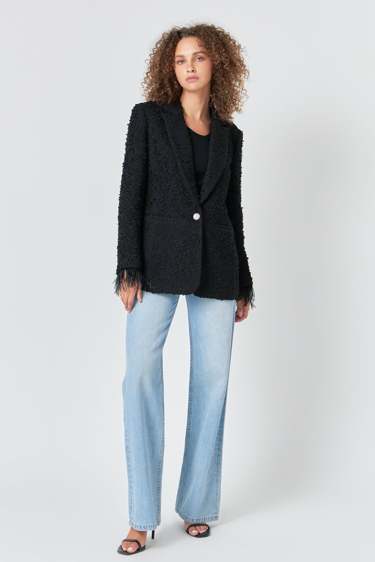 ENDLESS ROSE - Feather-Trimmed Tweed Blazer - BLAZERS available at Objectrare