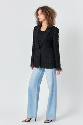 ENDLESS ROSE - Feather-Trimmed Tweed Blazer - BLAZERS available at Objectrare