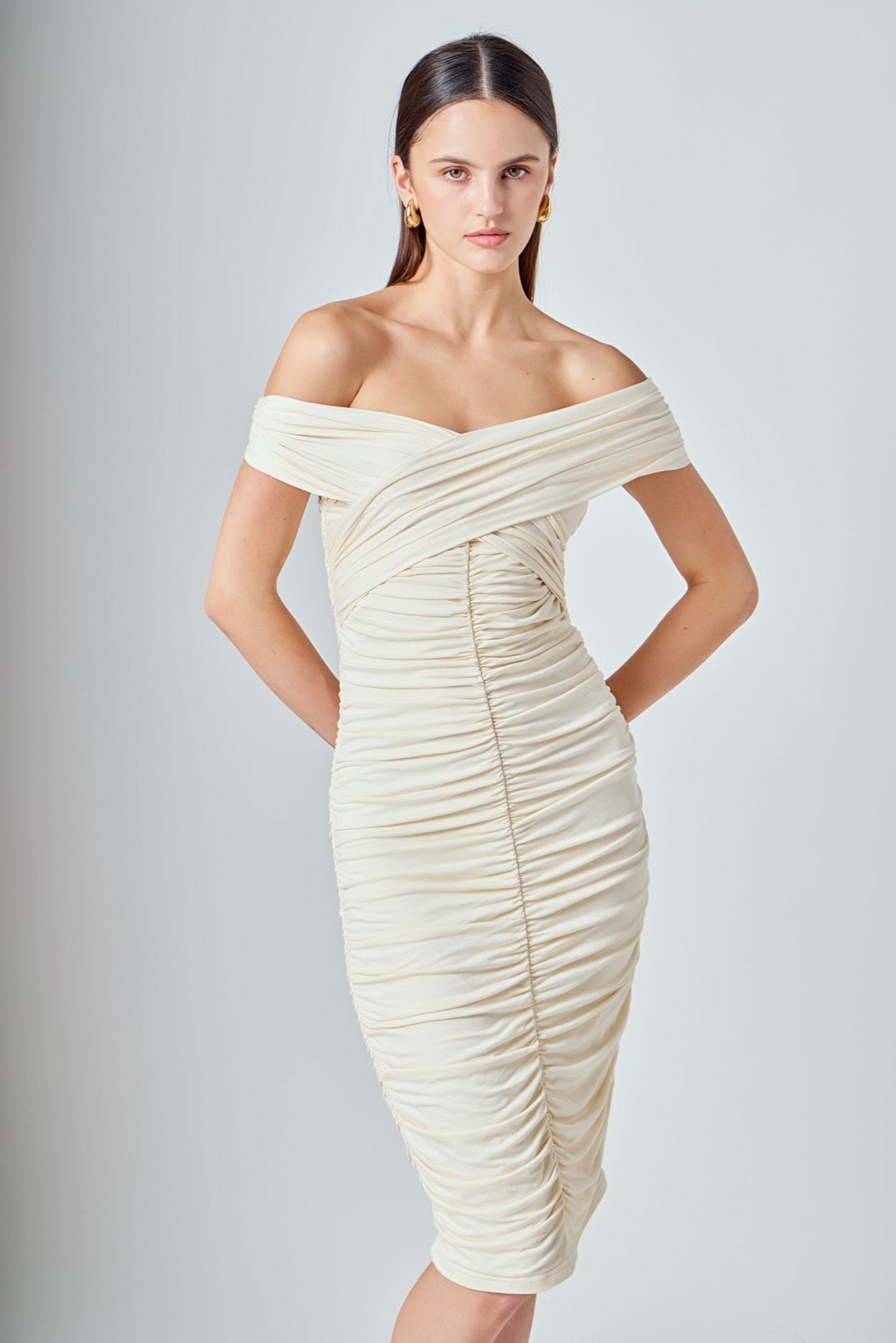 ENDLESS ROSE - Ruched Bodycon Midi Dress - DRESSES available at Objectrare