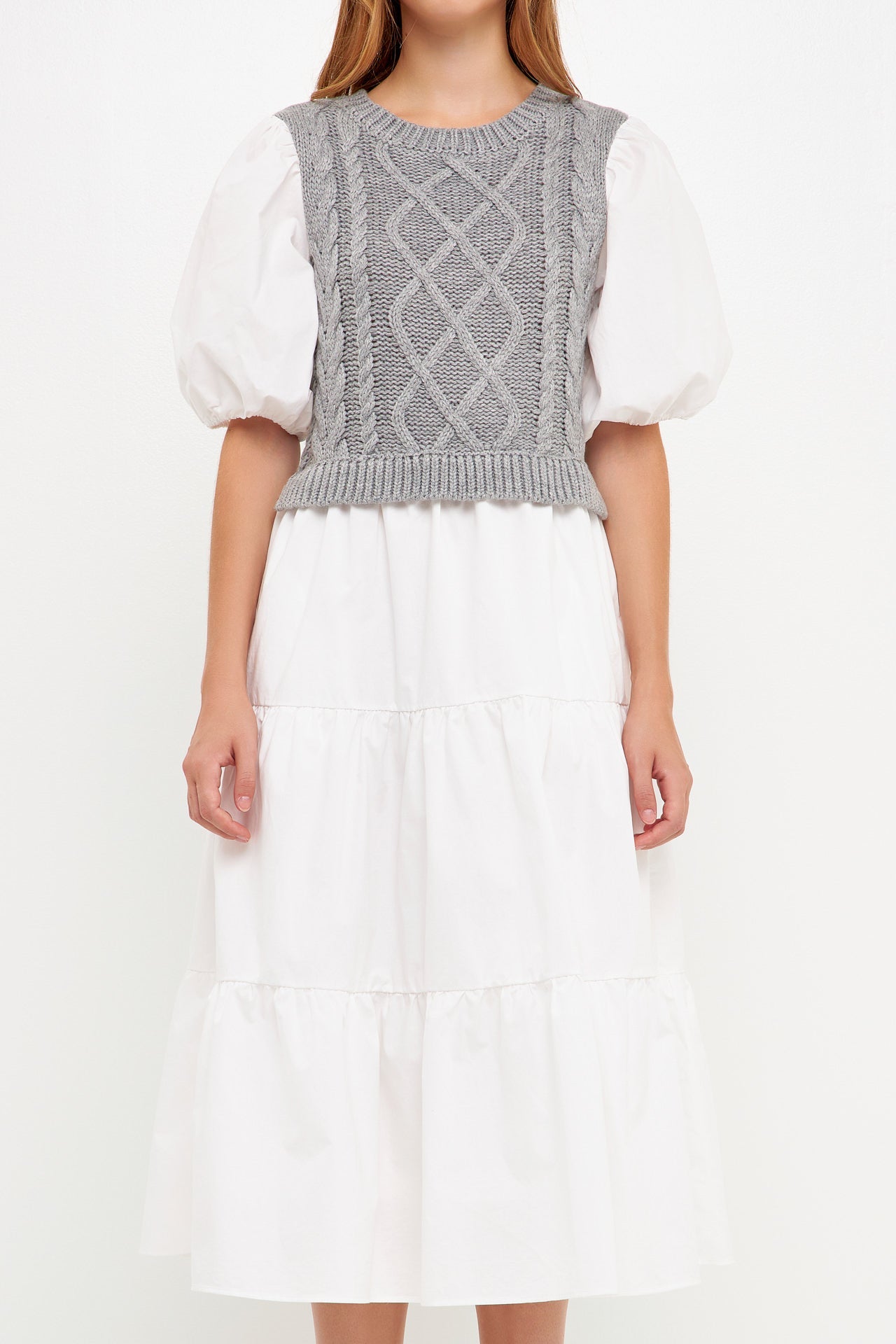 ENGLISH FACTORY - Mixed Media Cable Knit Down Midi Dress - DRESSES available at Objectrare