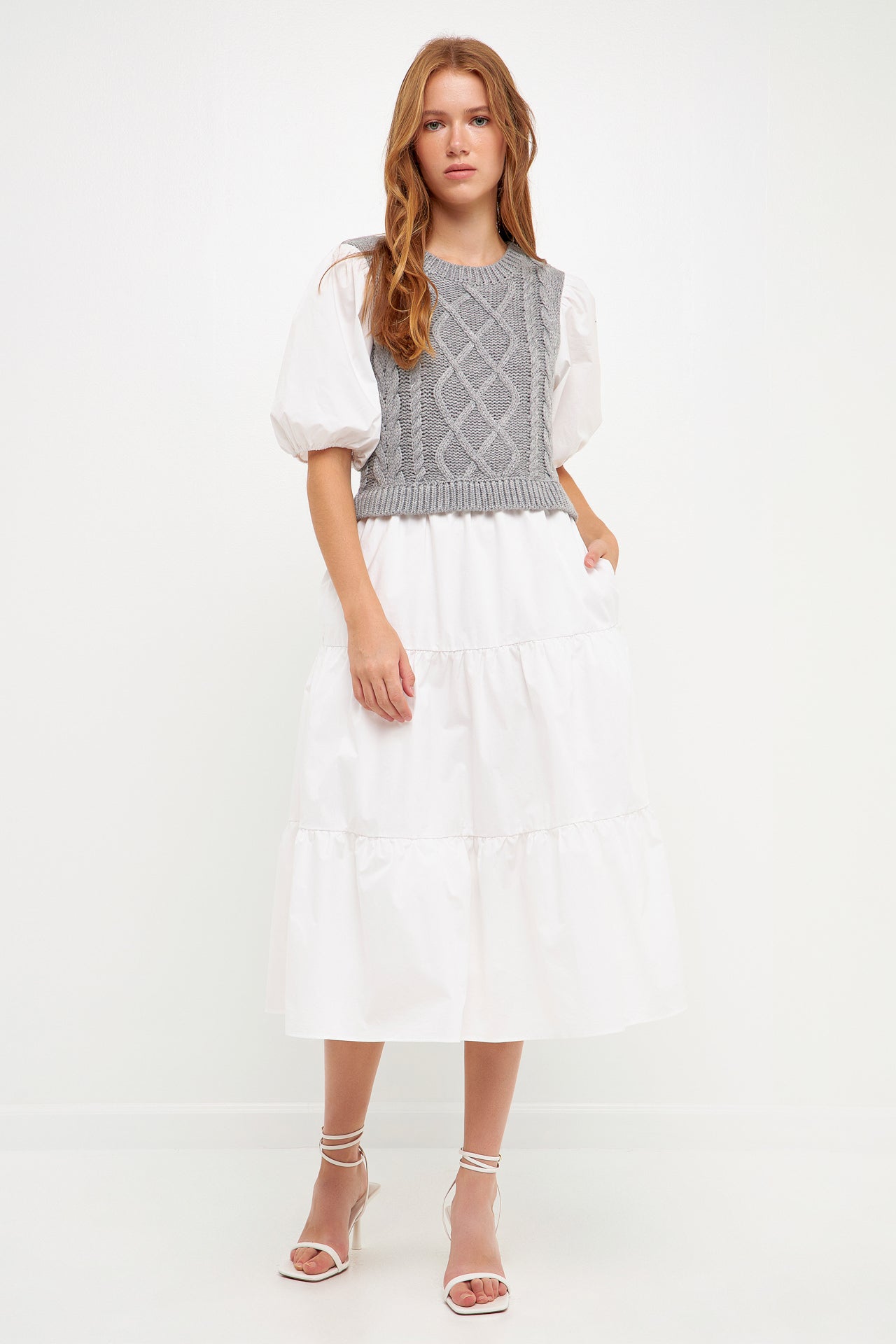 ENGLISH FACTORY - Mixed Media Cable Knit Down Midi Dress - DRESSES available at Objectrare