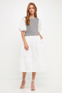 ENGLISH FACTORY - Mixed Media Cable Knit Down Midi Dress - DRESSES available at Objectrare