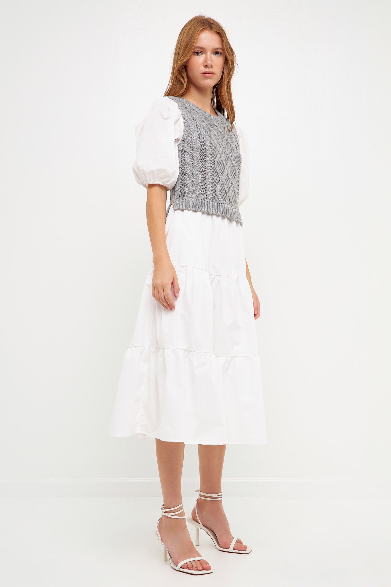 ENGLISH FACTORY - Mixed Media Cable Knit Down Midi Dress - DRESSES available at Objectrare