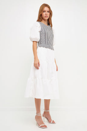 ENGLISH FACTORY - Mixed Media Cable Knit Down Midi Dress - DRESSES available at Objectrare
