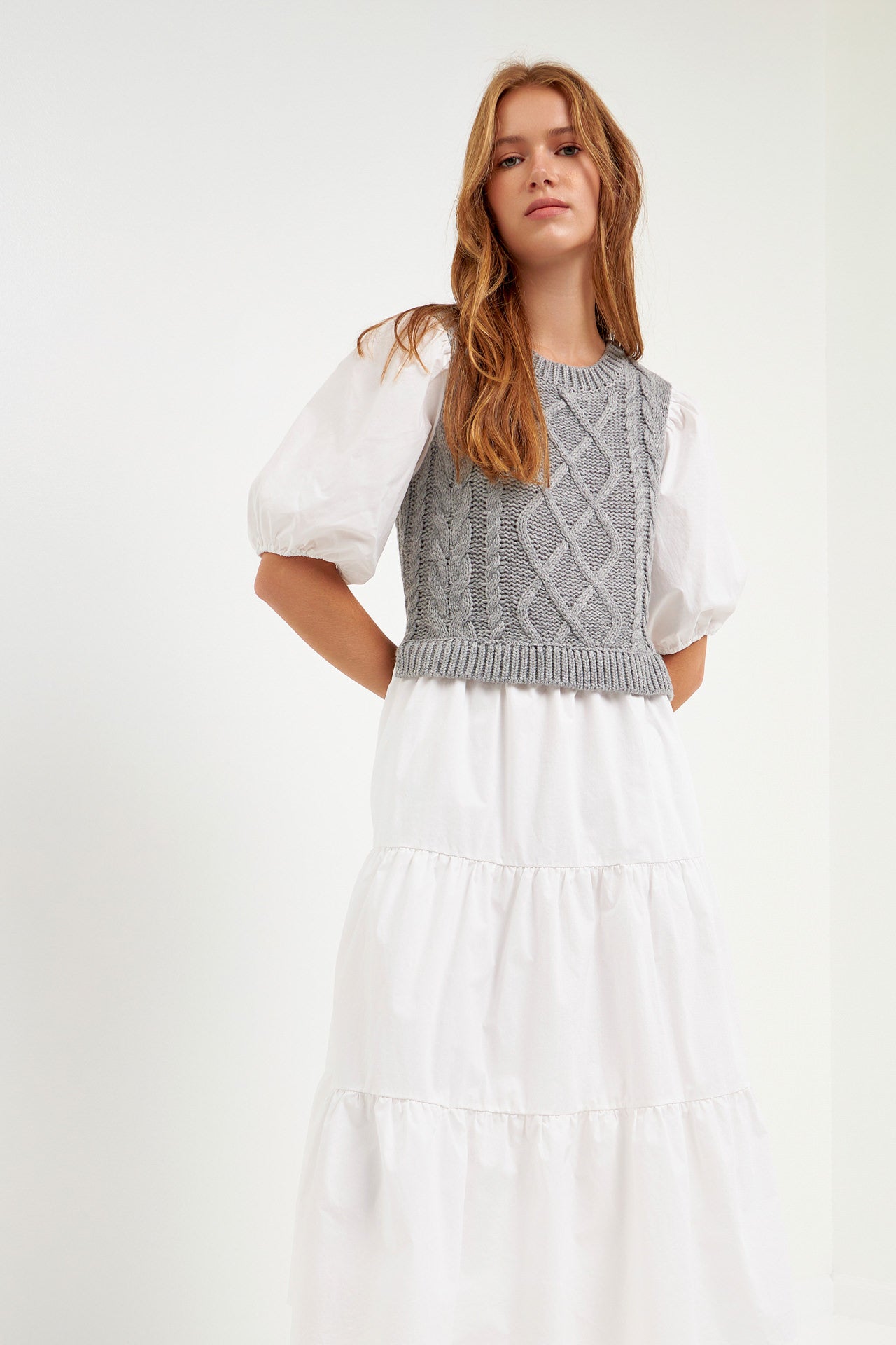 ENGLISH FACTORY - English Factory - Mixed Media Cable Knit Down Midi Dress - DRESSES available at Objectrare