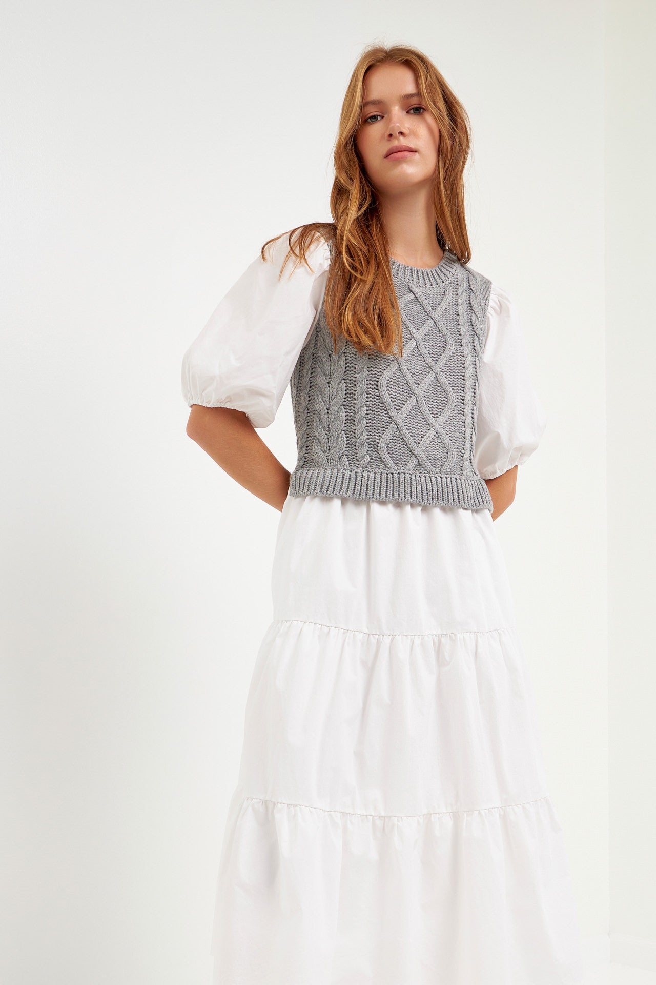 ENGLISH FACTORY - Mixed Media Cable Knit Down Midi Dress - DRESSES available at Objectrare