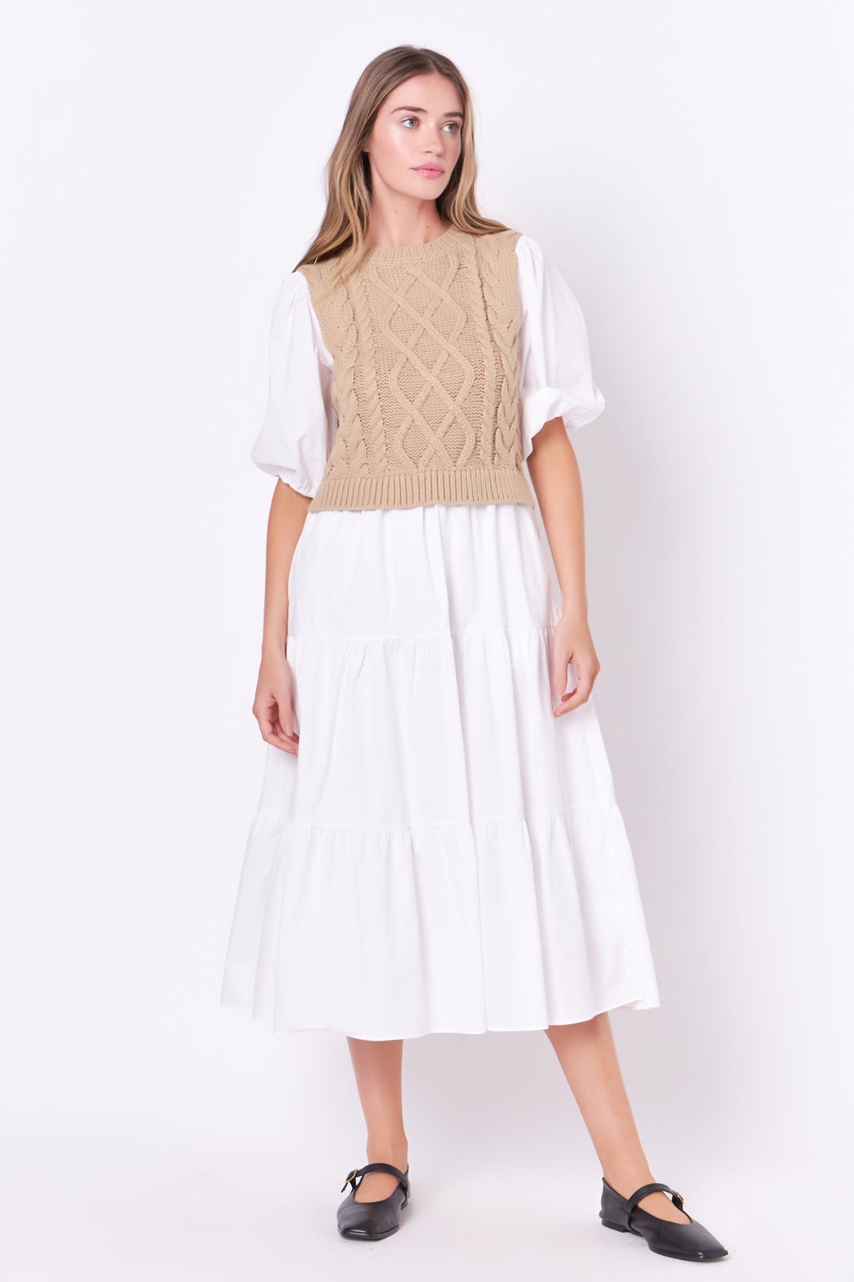 ENGLISH FACTORY - Mixed Media Cable Knit Down Midi Dress - DRESSES available at Objectrare