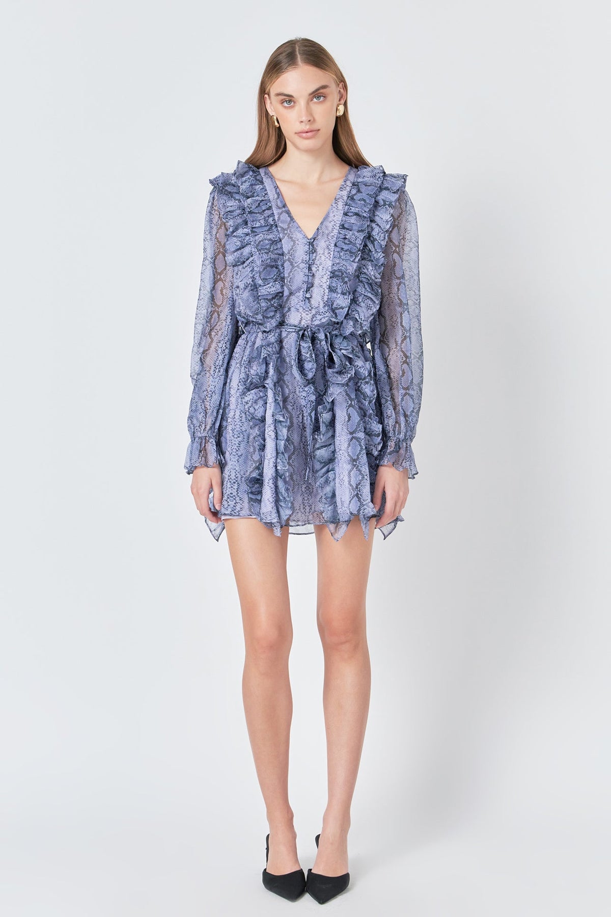 Button Down Long Sleeve Ruffled Mini Dress