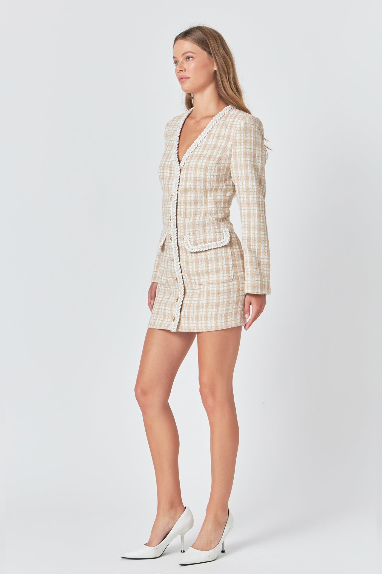 ENDLESS ROSE - Premium Long Sleeve Tweed Mini Dress - DRESSES available at Objectrare