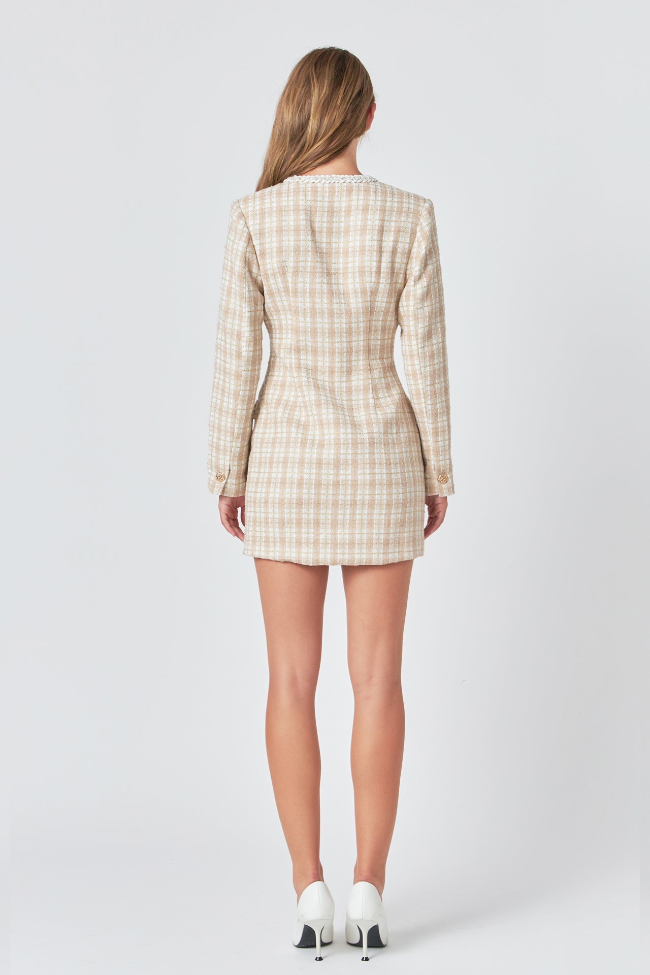 long sleeve plaid tweed dress Vintage Lace Panel Long-sleeve Tweed Dress Set