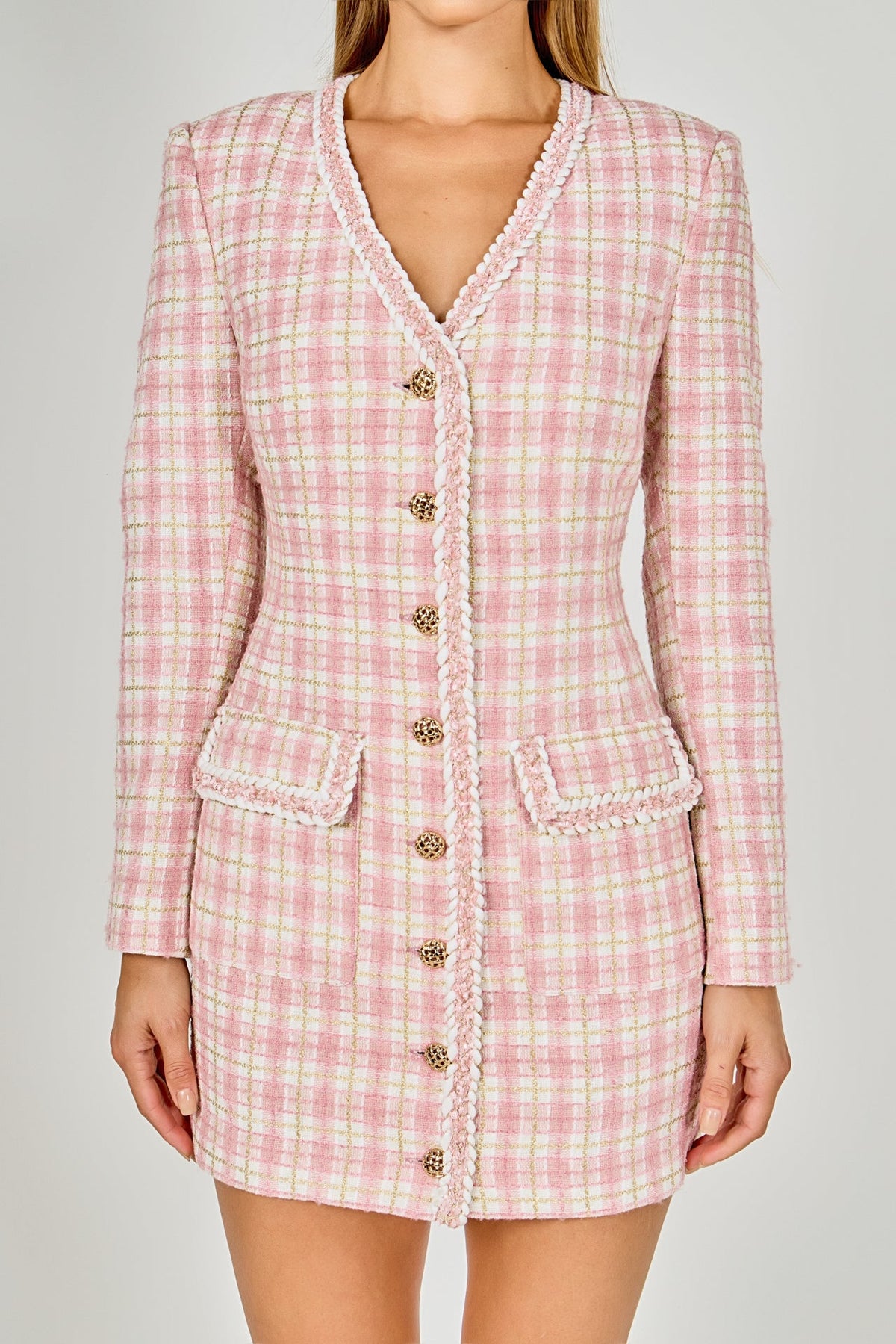 ENDLESS ROSE - Premium Long Sleeve Tweed Mini Dress - DRESSES available at Objectrare