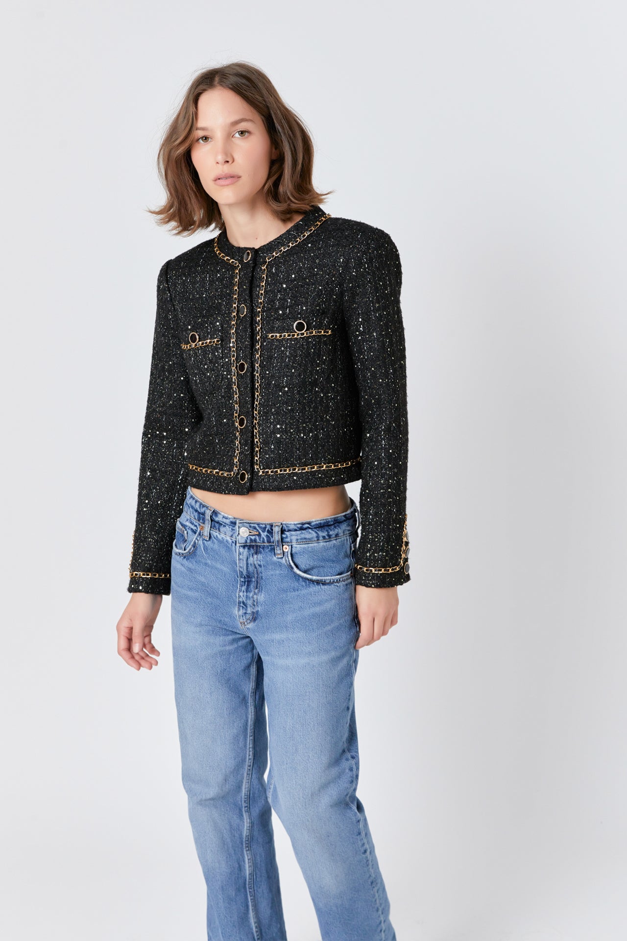 ENDLESS ROSE - Chain-Trimmed Tweed Jacket - JACKETS available at Objectrare