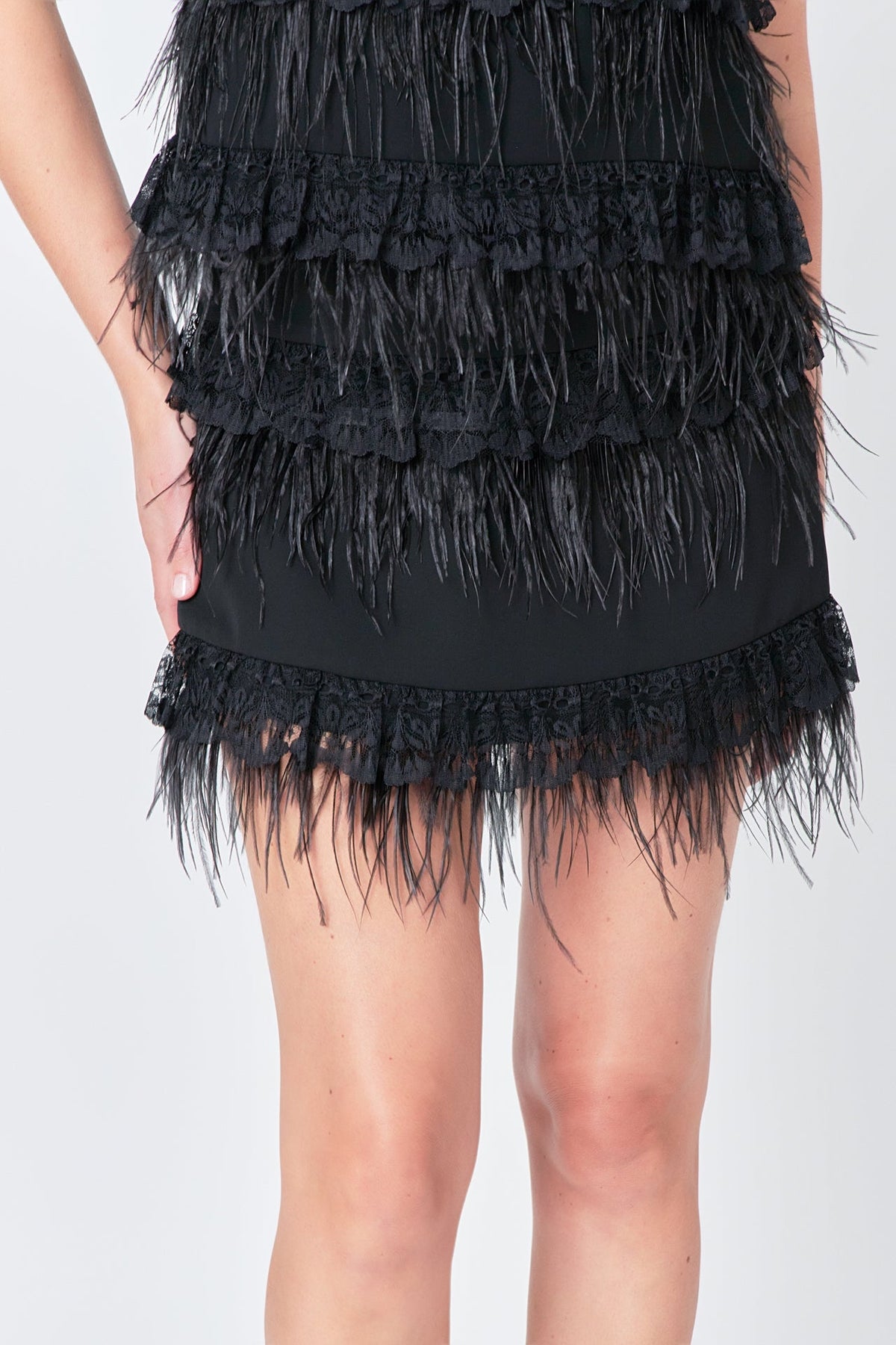 ENDLESS ROSE - Lace & Feather Trim Mini Skirt - SKIRTS available at Objectrare