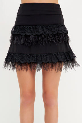 ENDLESS ROSE - Lace & Feather Trim Mini Skirt - SKIRTS available at Objectrare