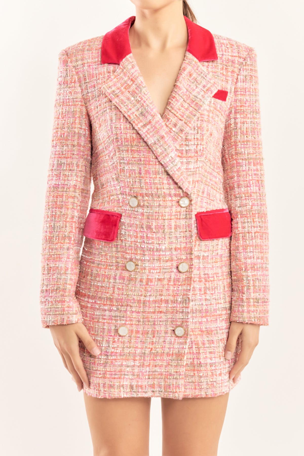 Pink Velvet-Trimmed Tweed Jacket