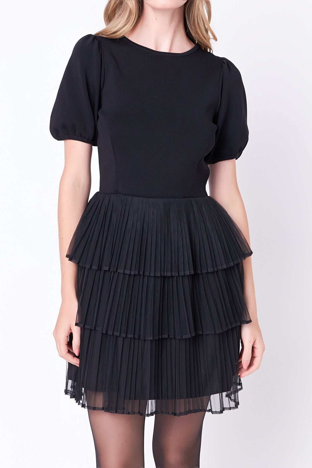 ENGLISH FACTORY - Puff Sleeve Mixed Media Mini Dress in Black - DRESSES available at Objectrare