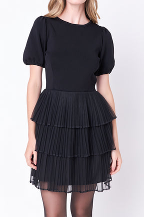 ENGLISH FACTORY - Puff Sleeve Mixed Media Mini Dress in Black - DRESSES available at Objectrare