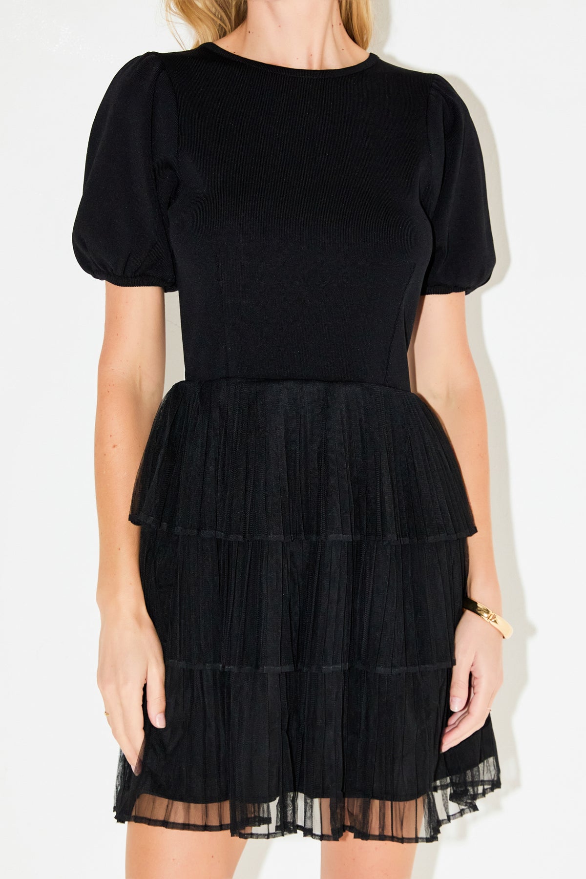 Puff Sleeve Mixed Media Mini Dress in Black