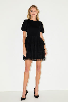 Puff Sleeve Mixed Media Mini Dress in Black