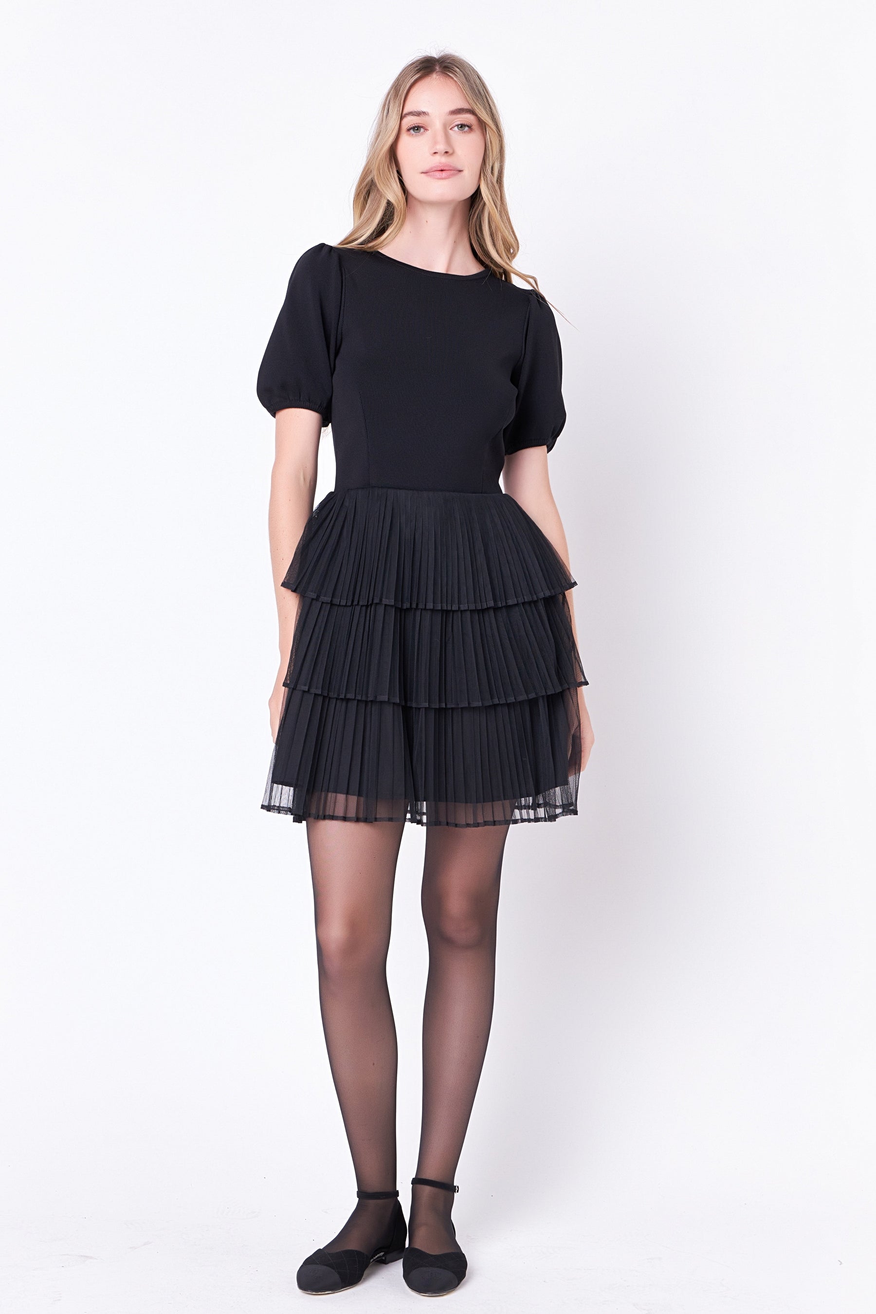 ENGLISH FACTORY - Puff Sleeve Mixed Media Mini Dress in Black - DRESSES available at Objectrare