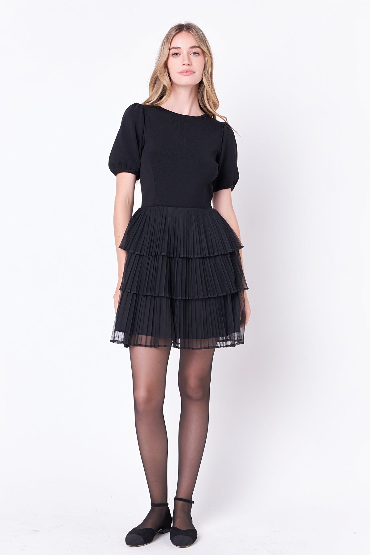 ENGLISH FACTORY - Puff Sleeve Mixed Media Mini Dress in Black - DRESSES available at Objectrare