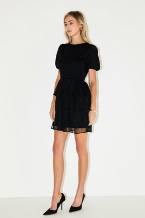Puff Sleeve Mixed Media Mini Dress in Black